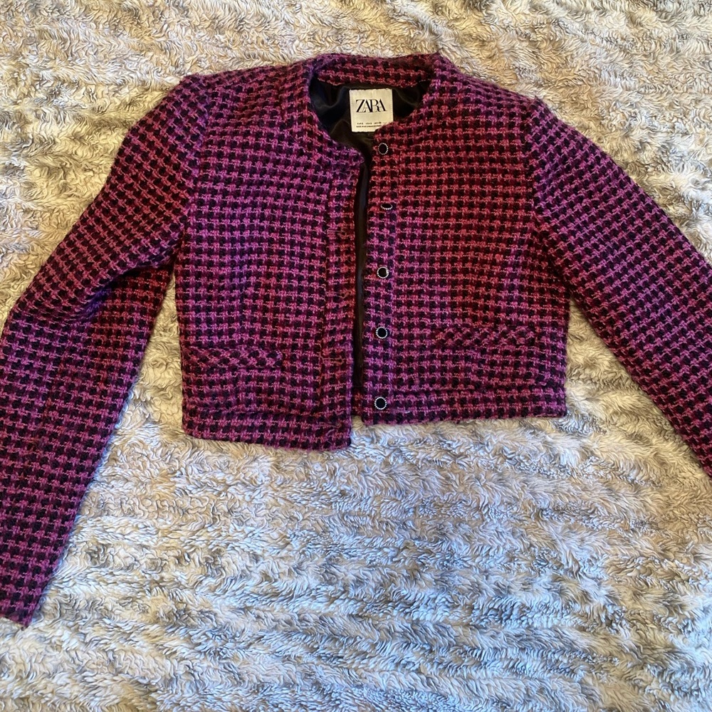 Zara Women’s Cropped Tweed Jacket Purple and Black